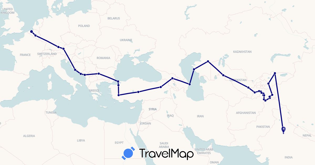 TravelMap itinerary: driving in Afghanistan, Austria, Azerbaijan, Belgium, Bulgaria, Germany, Georgia, Croatia, India, Kyrgyzstan, Kazakhstan, Montenegro, Tajikistan, Turkey, Uzbekistan (Asia, Europe)